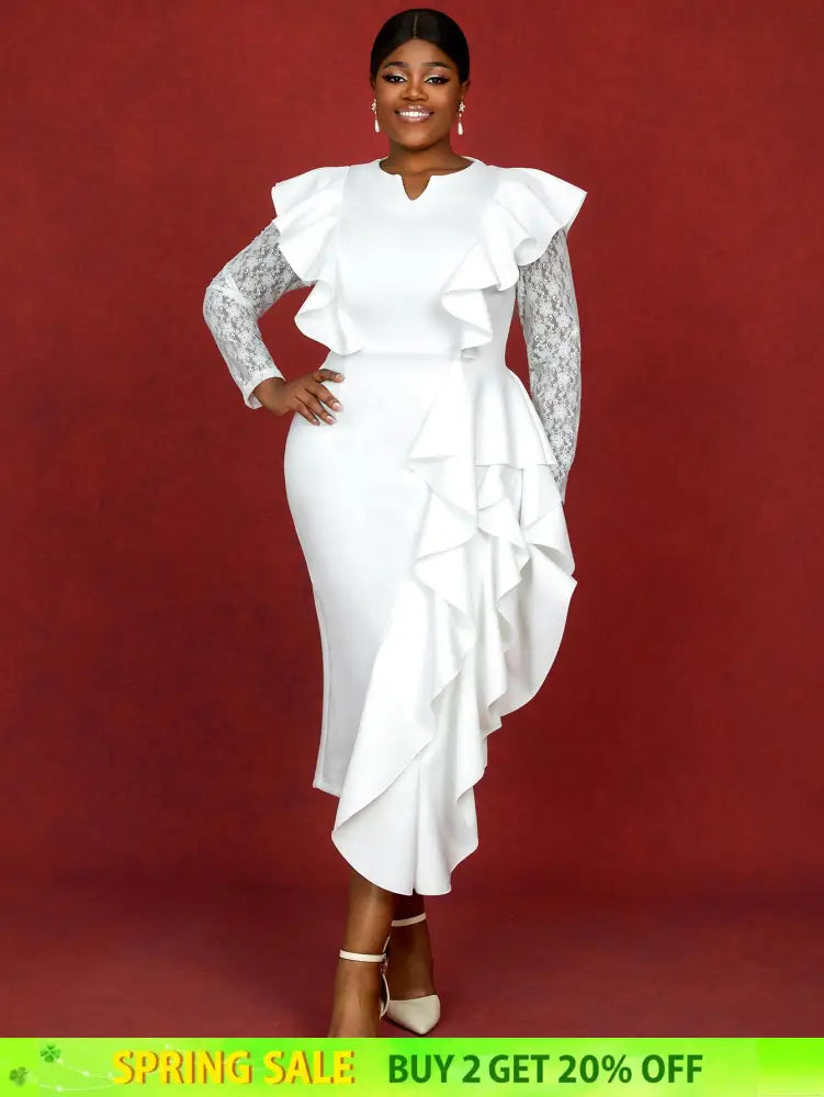 AOMEIDRESS Dress for Wedding Reception Long Sleeve Ruffle Trim Lace Knit Patchwork Gown