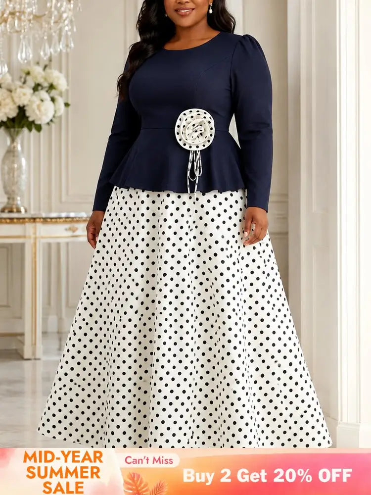 AOMEIDRESS Dress Set O Neck 3/4 Sleeve 3D Floral Top Pleated Skirt - Navy / L