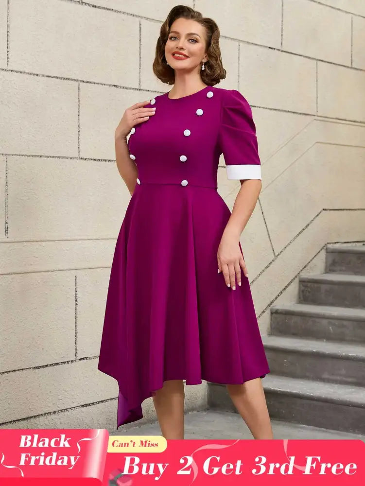 AOMEIDRESS Easter Clothes for Women Color Block 50s Swing Dress Purple / S