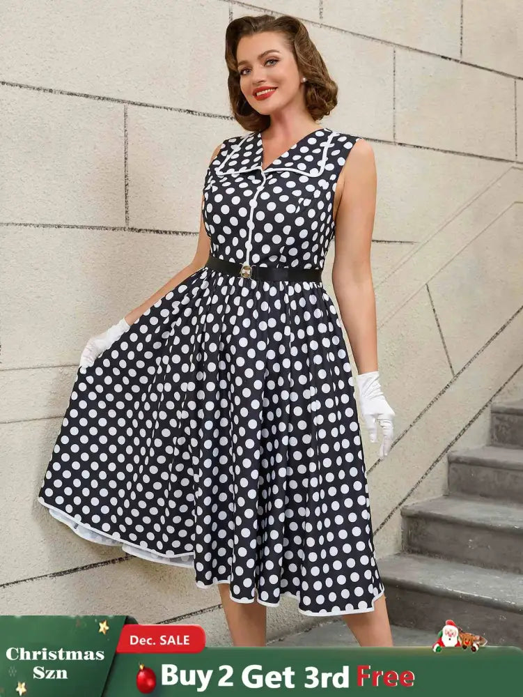 AOMEIDRESS Easter Dress Floral Polka Dot Sleeveless A Line Dress Black / S