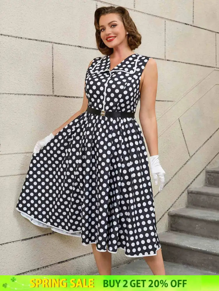 AOMEIDRESS Easter Dress Floral Polka Dot Sleeveless A Line Dress Black / S