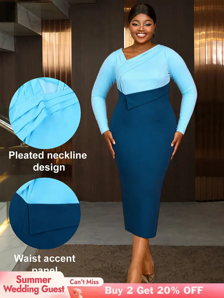 AOMEIDRESS Elagant Color Block Dress with Long Sleeve for Party Office Blue / S