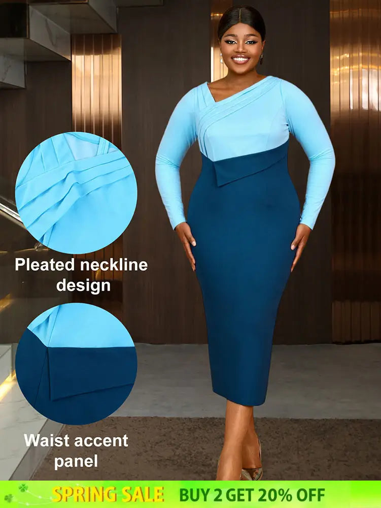 AOMEIDRESS Elagant Color Block Dress with Long Sleeve for Party Office Blue / S
