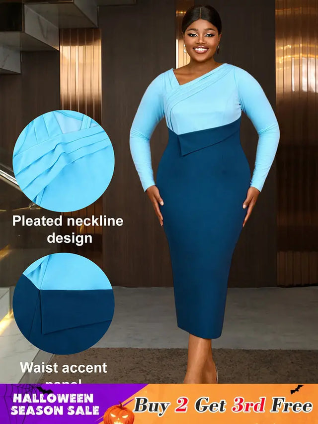 AOMEIDRESS Elagant Color Block Dress with Long Sleeve for Party Office Blue / S