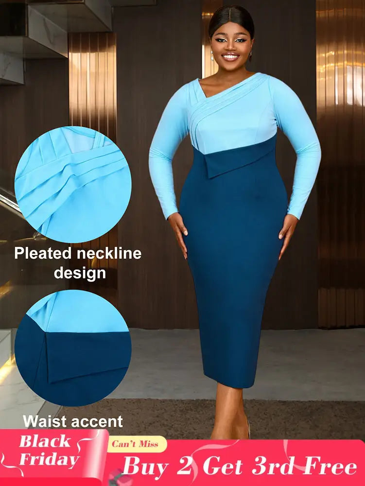 AOMEIDRESS Elagant Color Block Dress with Long Sleeve for Party Office Blue / S