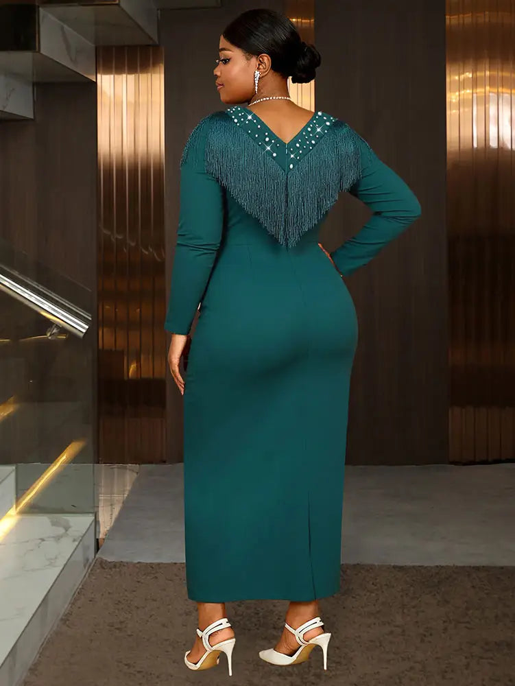 AOMEIDRESS Elagent Evening Party Dress with Fringe Beading Long Sleeve