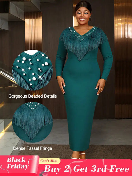 AOMEIDRESS Elagent Evening Party Dress with Fringe Beading Long Sleeve DarkGreen / S