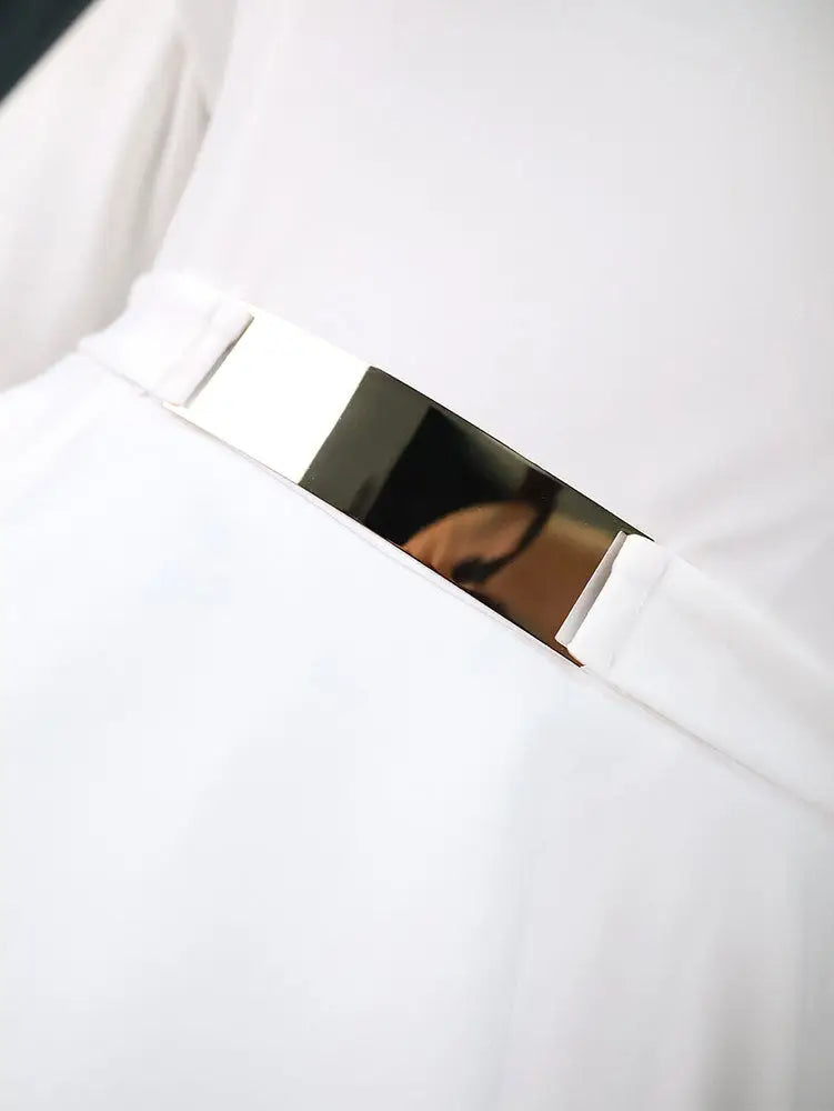 AOMEIDRESS Elagent White Peplum Dress with Gold Belt for Wedding Party