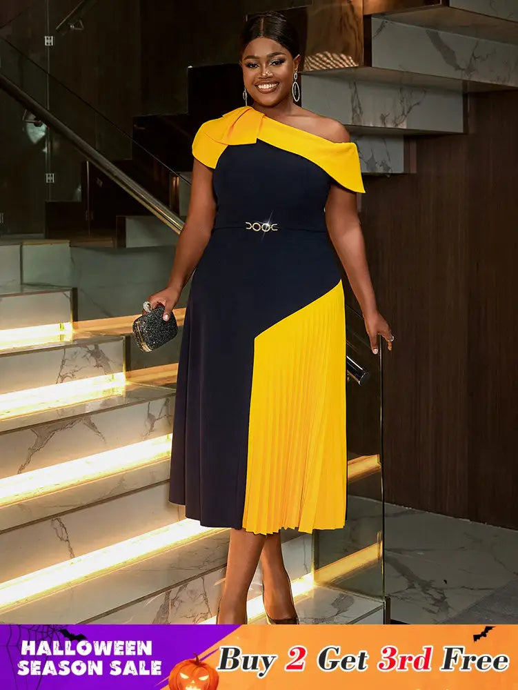 AOMEIDRESS Elegant A Line Color Block One Shoulder Pleated Dresses Navy / S