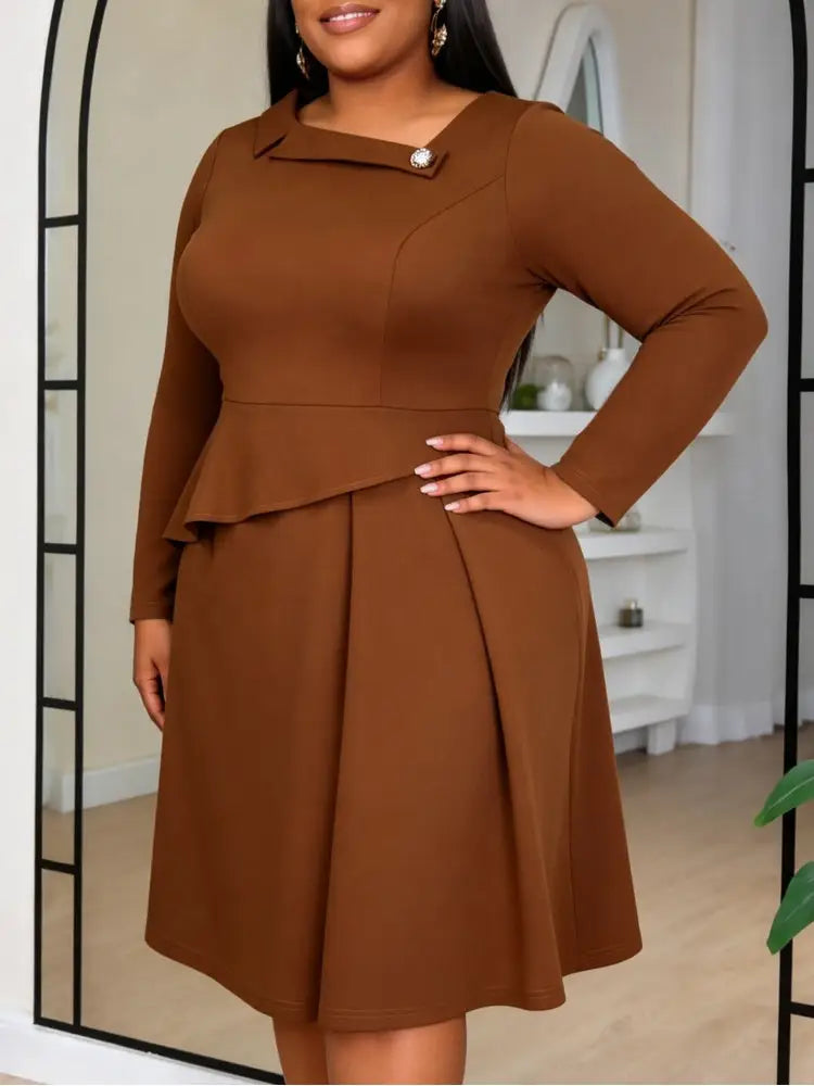 AOMEIDRESS Elegant A Line Dress Asymmetric Neck Long Sleeves Peplum