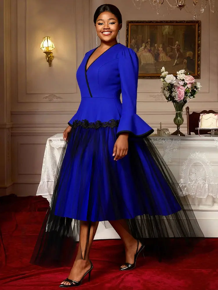 AOMEIDRESS Elegant A Line Dress Flare Sleeve Peplum Mesh Hem Gowns