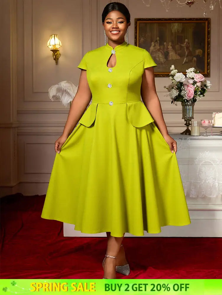 AOMEIDRESS Elegant A Line Dress Keyhole Neck Peplum Church Tea Party Green / L