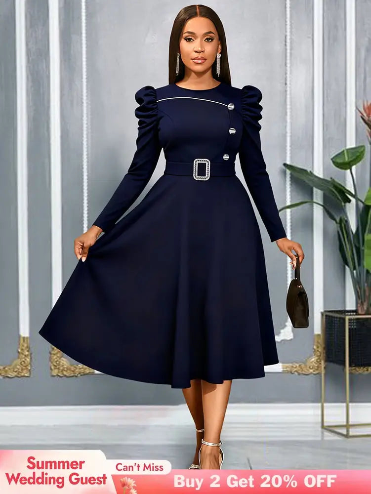 AOMEIDRESS Elegant A Line Dress O Neck Long Sleeve Ruffled Belt Gowns Navy / S