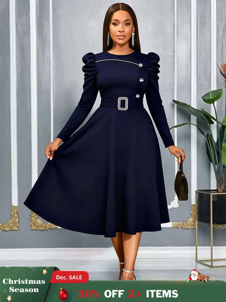 AOMEIDRESS Elegant A Line Dress O Neck Long Sleeve Ruffled Belt Gowns Navy / S