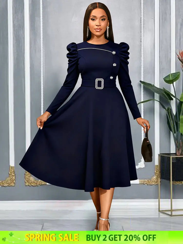AOMEIDRESS Elegant A Line Dress O Neck Long Sleeve Ruffled Belt Gowns Navy / S