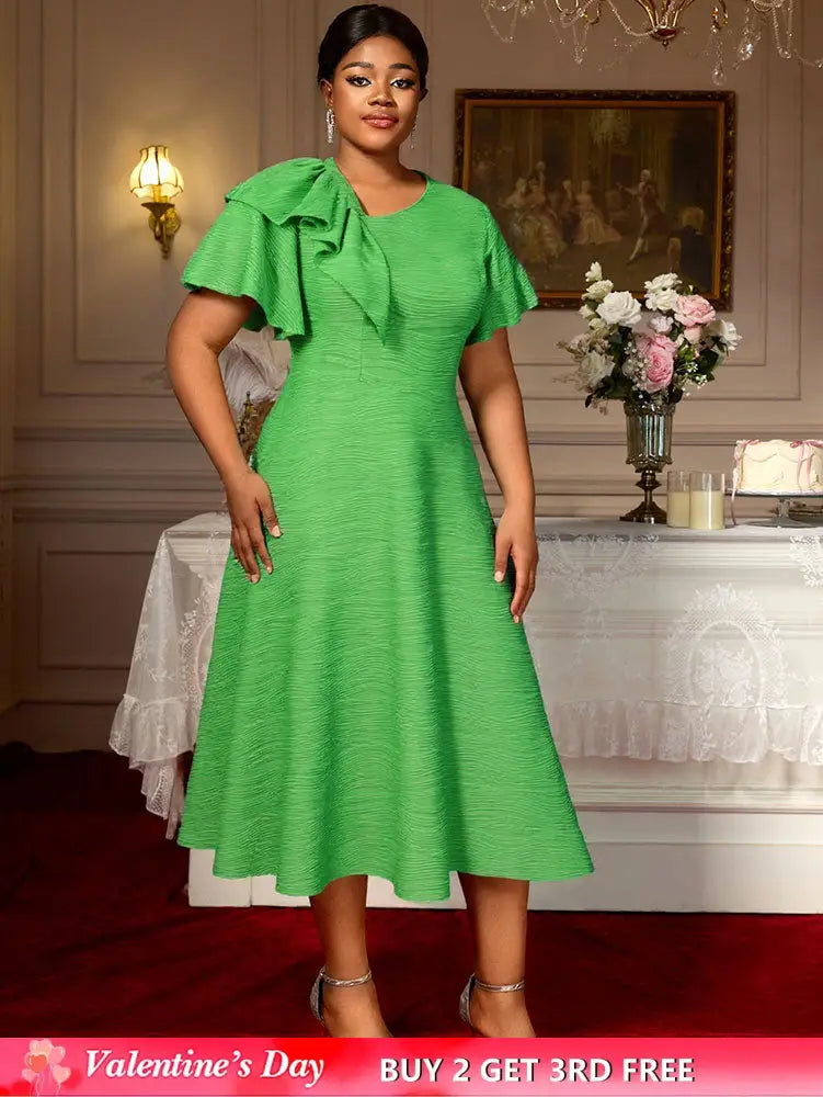 AOMEIDRESS Elegant A Line Dress Skew Collar Ruffle Sleeve Causal Wear Green / S