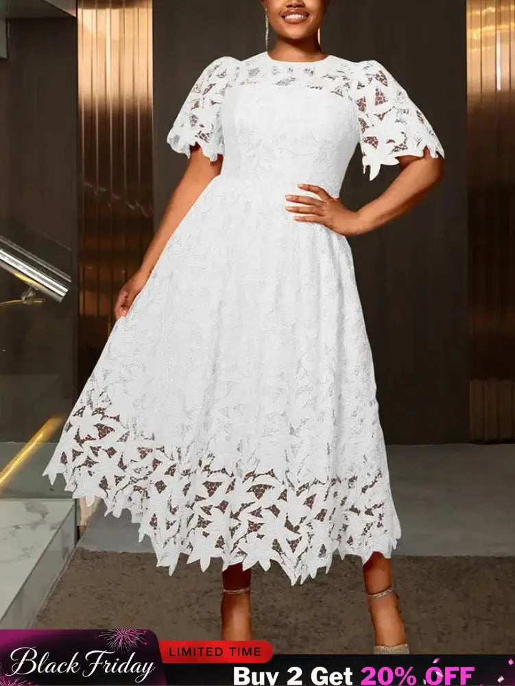 AOMEIDRESS Elegant A Line Lace Dress O Neck Hollow Out Short Sleeves