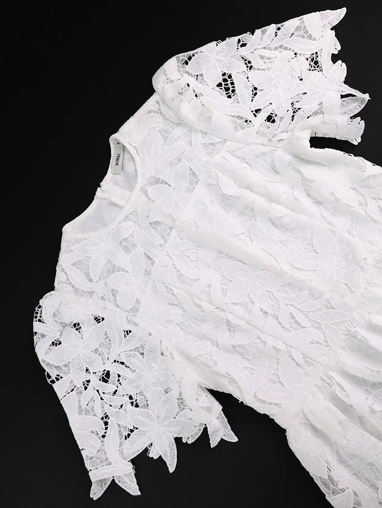 AOMEIDRESS Elegant A Line Lace Dress O Neck Hollow Out Short Sleeves