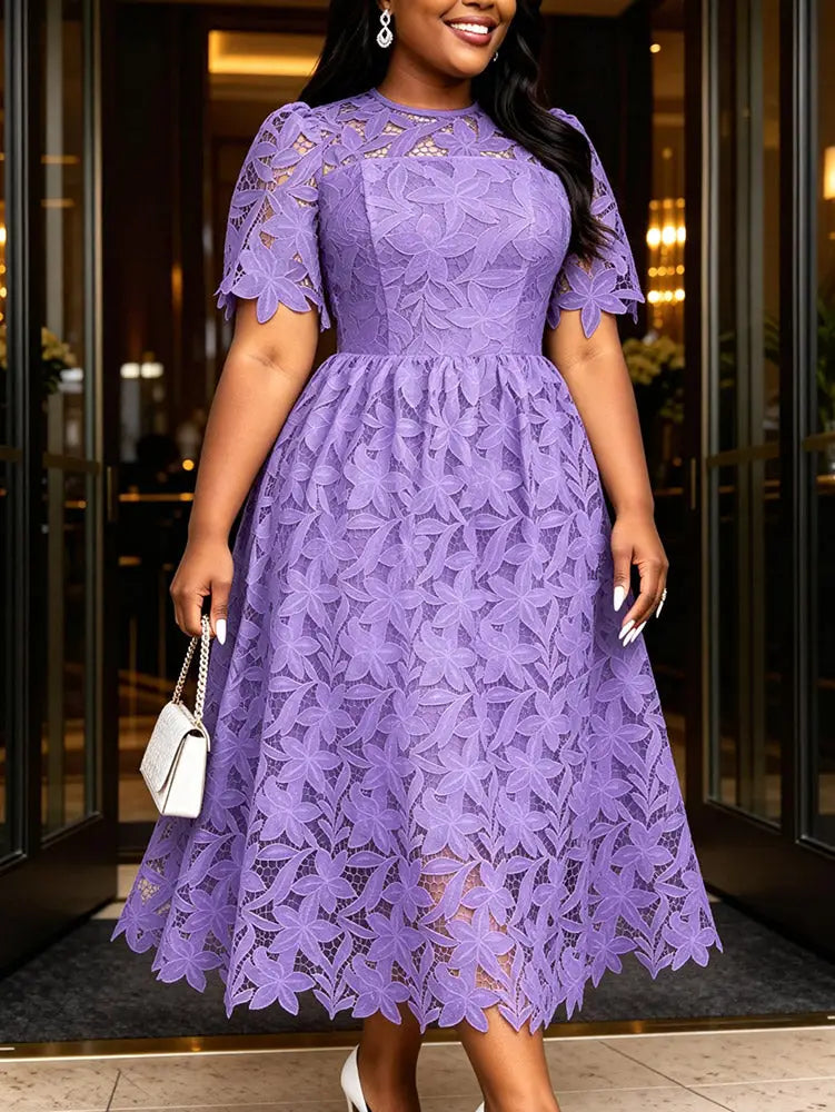 AOMEIDRESS Elegant A Line Lace Dress O Neck Hollow Out Short Sleeves - Lavender / S