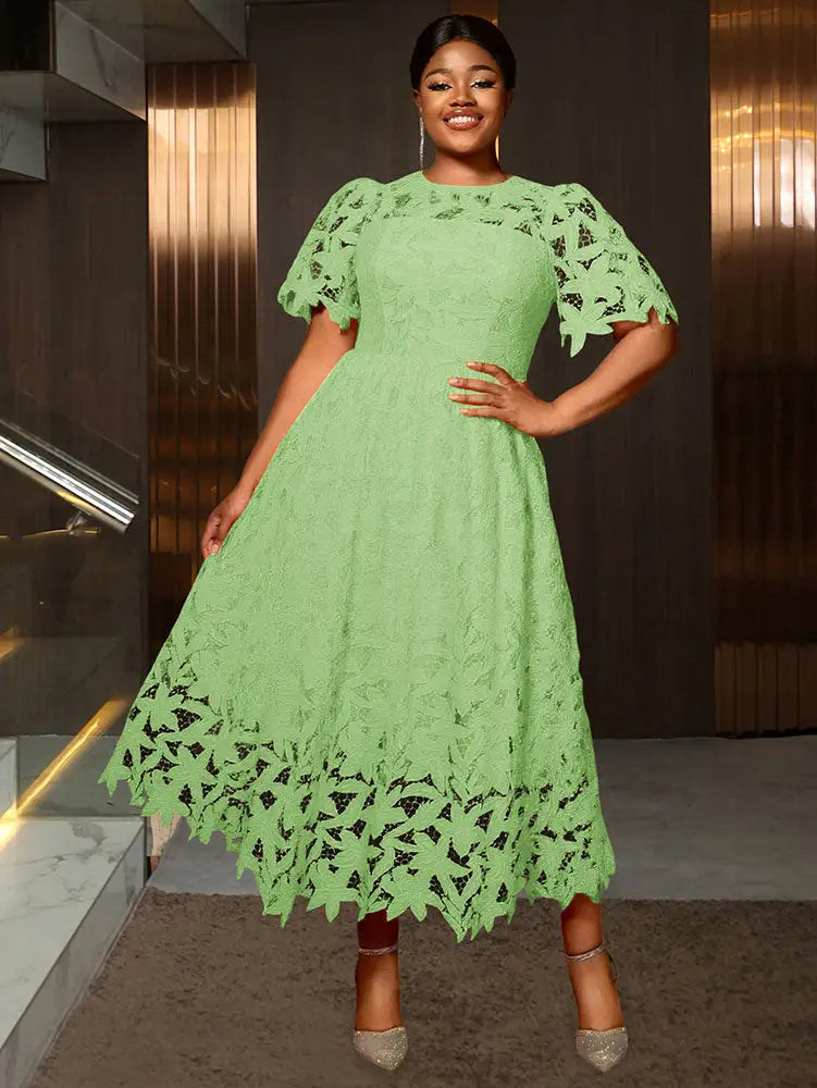 AOMEIDRESS Elegant A Line Lace Dress O Neck Hollow Out Short Sleeves LightGreen / S