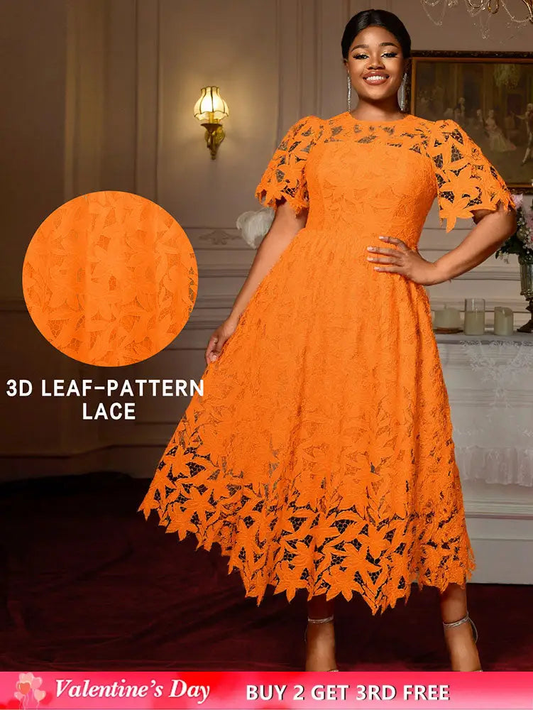 AOMEIDRESS Elegant A Line Lace Dress O Neck Hollow Out Short Sleeves Orange / S