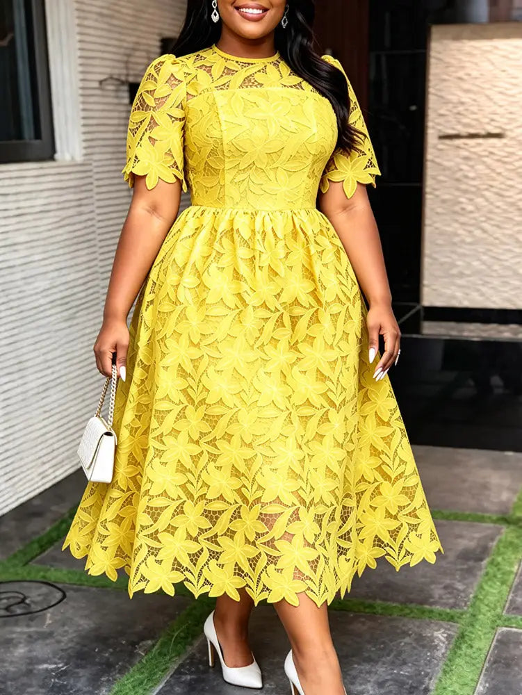 AOMEIDRESS Elegant A Line Lace Dress O Neck Hollow Out Short Sleeves - Yellow / S