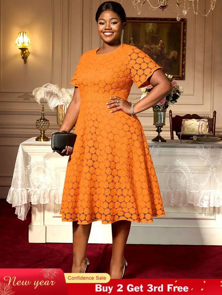 AOMEIDRESS Elegant A Line Lace Dress O Neck Short Sleeve Causal Wear Orange / L