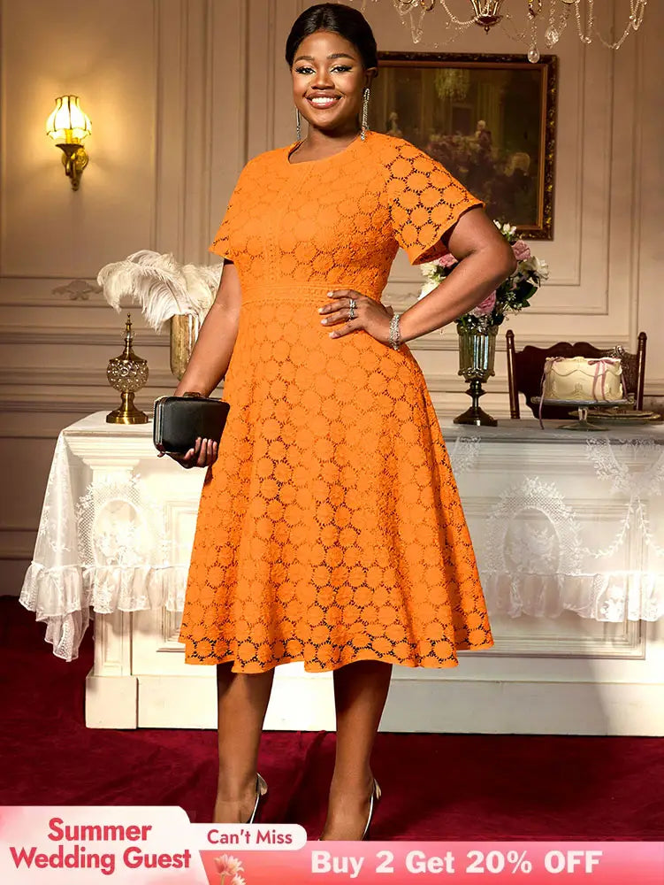 AOMEIDRESS Elegant A Line Lace Dress O Neck Short Sleeve Causal Wear Orange / L