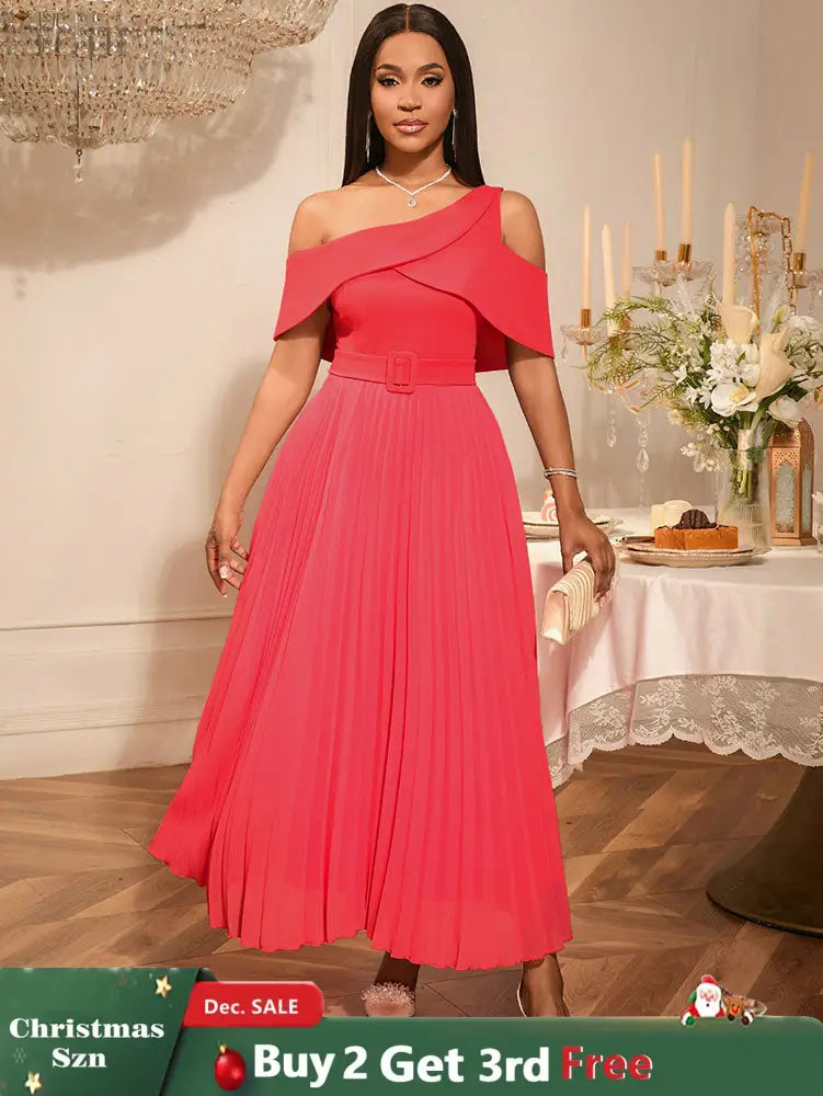 AOMEIDRESS Elegant A Line Maxi Off Shoulder Party Dresses Waist Belt WatermelonRed / S