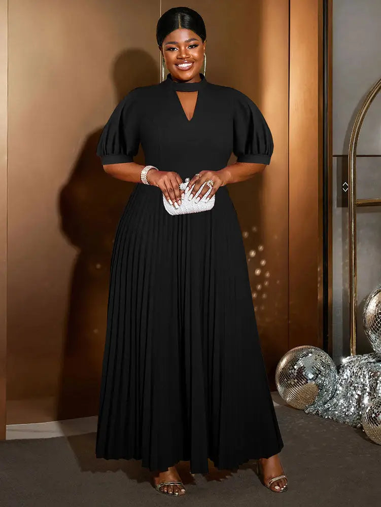 AOMEIDRESS Elegant A Line Maxi Pleated Dress for Office Church Cut out Black / S