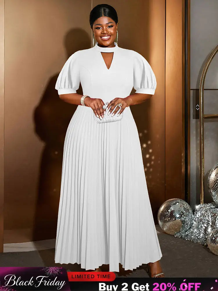 AOMEIDRESS Elegant A Line Maxi Pleated Dress for Office Church Cut out White / S