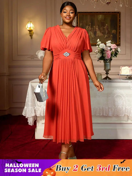 AOMEIDRESS Elegant A Line Maxi Pleated Short Sleeve Dress For Office Orange / S
