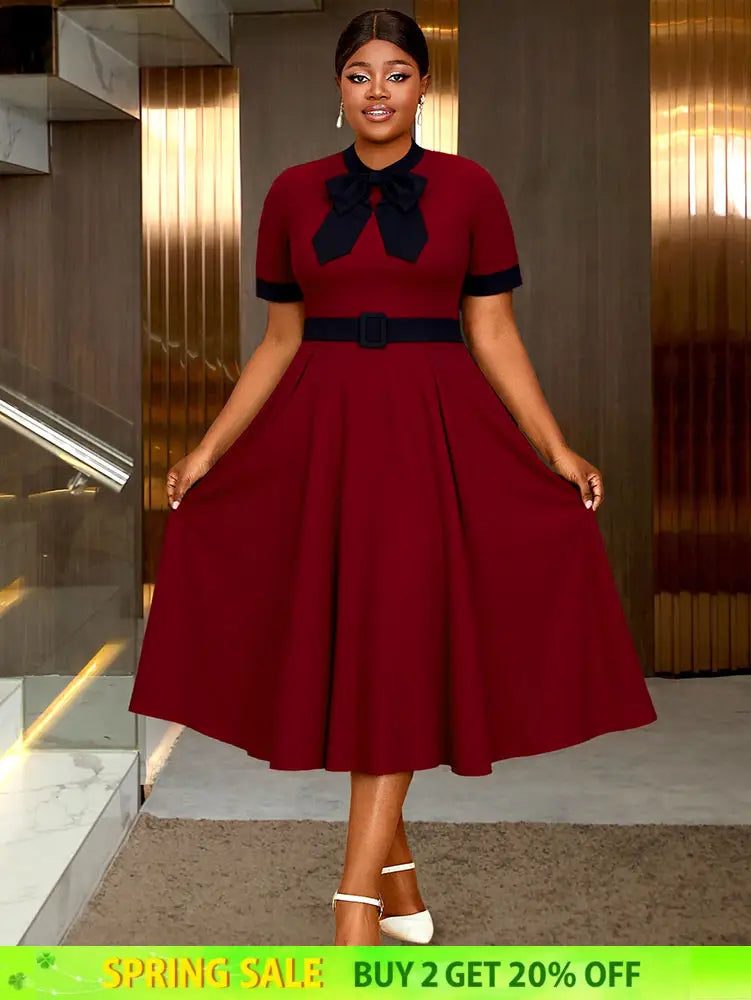 AOMEIDRESS Elegant A Line Midi Church Office Dress With Bow Waist Belt Wine / S