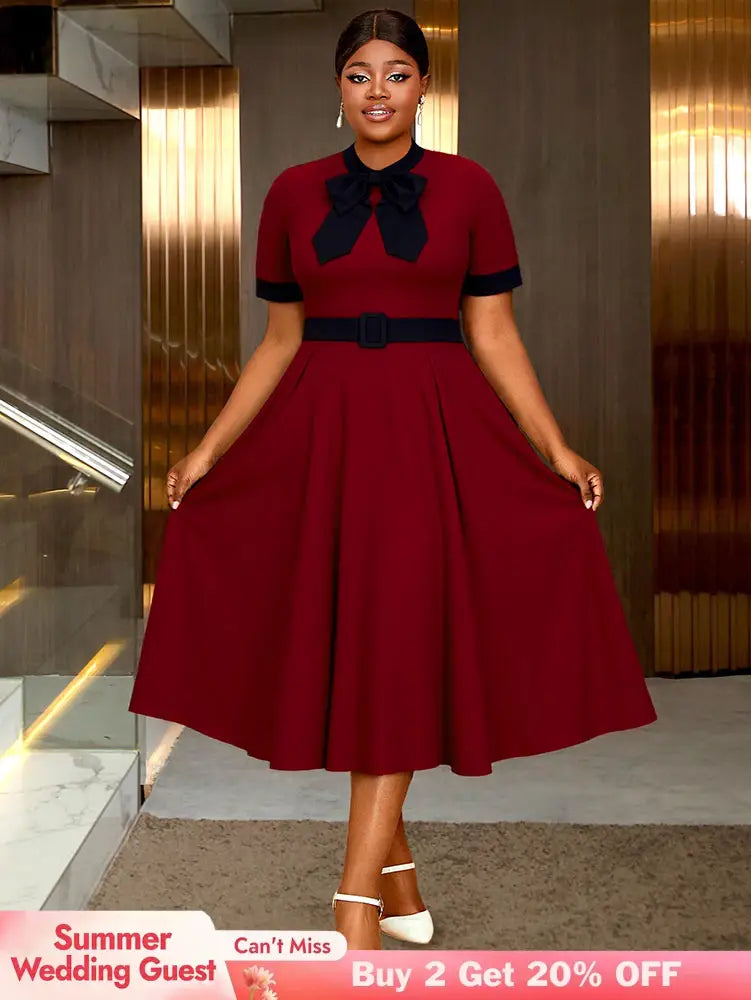 AOMEIDRESS Elegant A Line Midi Church Office Dress With Bow Waist Belt Wine / S