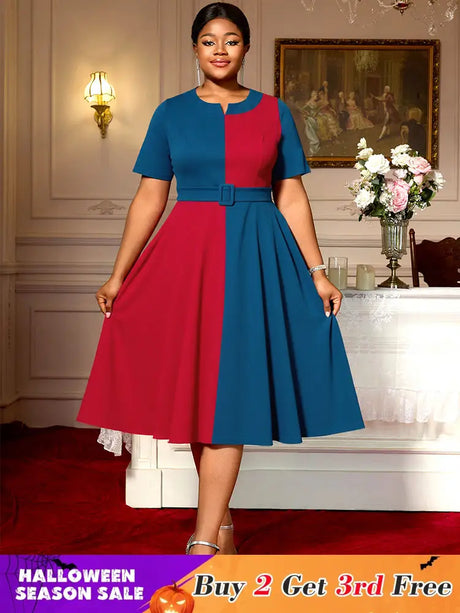 AOMEIDRESS Elegant A Line Midi Color Block Dress for Party Church PeacockBlue / S