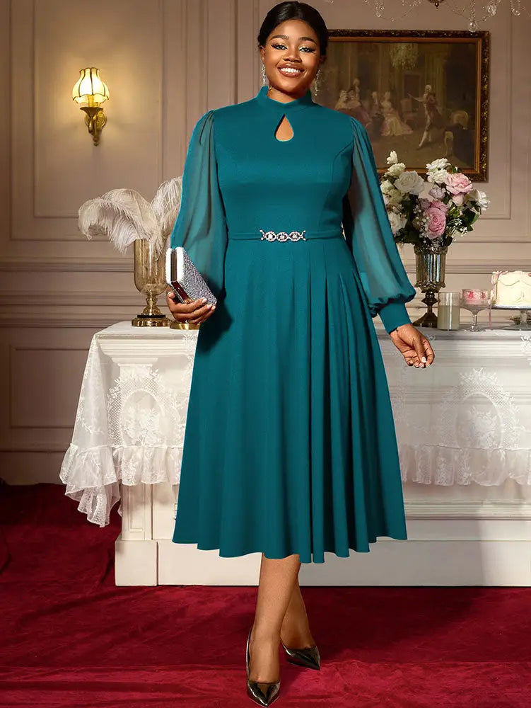 AOMEIDRESS Elegant A Line Midi Dress for Party Church Sheer Sleeve LakeGreen / S