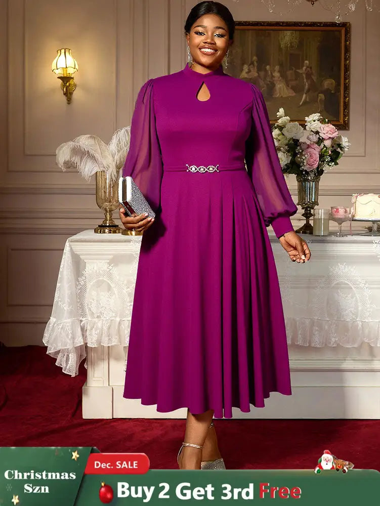 AOMEIDRESS Elegant A Line Midi Dress for Party Church Sheer Sleeve Purple / S