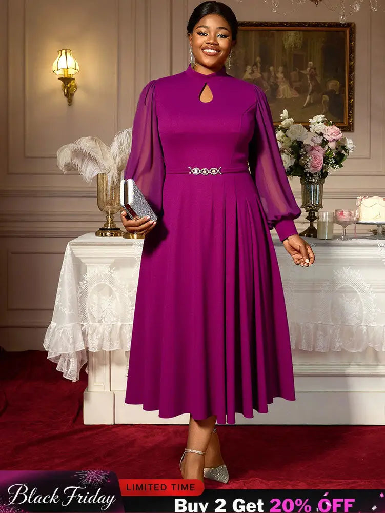 AOMEIDRESS Elegant A Line Midi Dress for Party Church Sheer Sleeve Purple / S