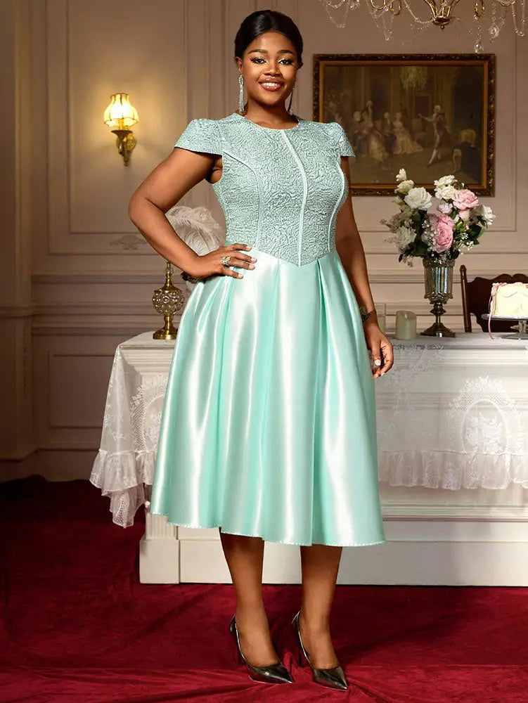 AOMEIDRESS Elegant A Line Midi Jacquard Wedding Dress Patchwork Satin Skirt