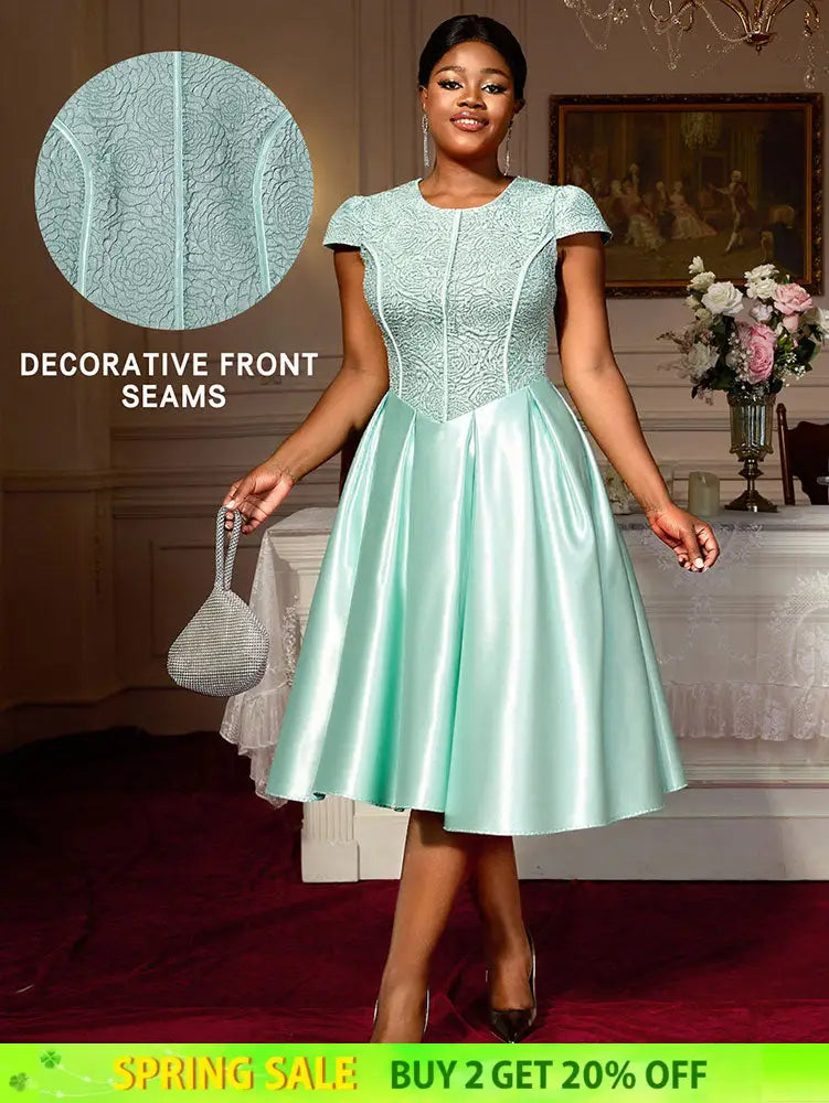 AOMEIDRESS Elegant A Line Midi Jacquard Wedding Dress Patchwork Satin Skirt LightGreen / S