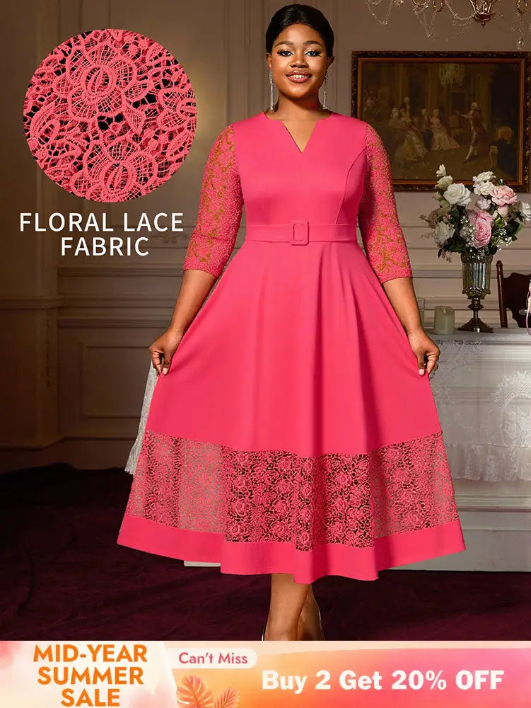 AOMEIDRESS Elegant A Line Midi Lace Dress for Party Church Waist Belt WatermelonRed / S