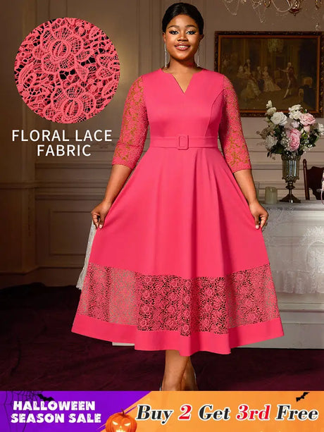 AOMEIDRESS Elegant A Line Midi Lace Dress for Party Church Waist Belt WatermelonRed / S