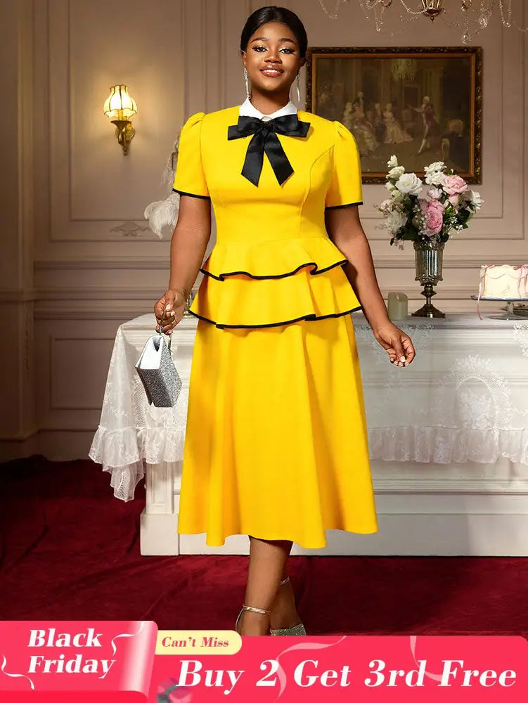 AOMEIDRESS Elegant A Line Midi Party Birthday Dress With Bow Ruffle Yellow / S