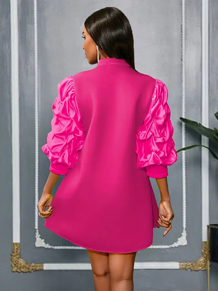 AOMEIDRESS Elegant A Line Mini Dress Folds Puff Sleeves Front Zipper