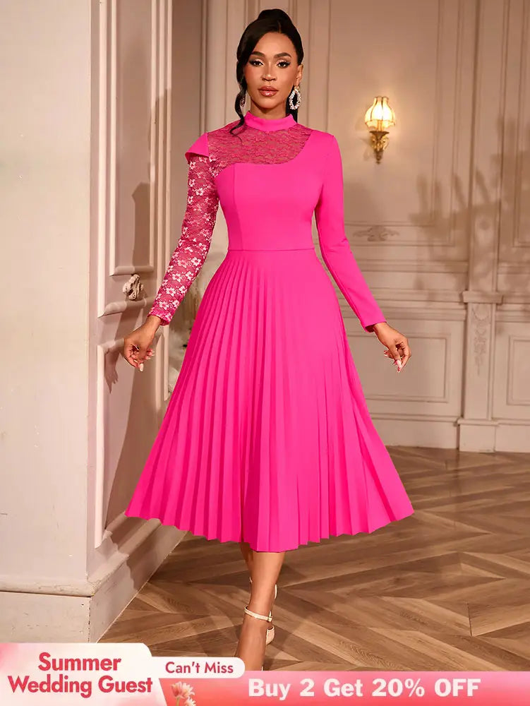 AOMEIDRESS Elegant A Line Pleated Dress Lace Long Sleeves Party Wear Rose / S