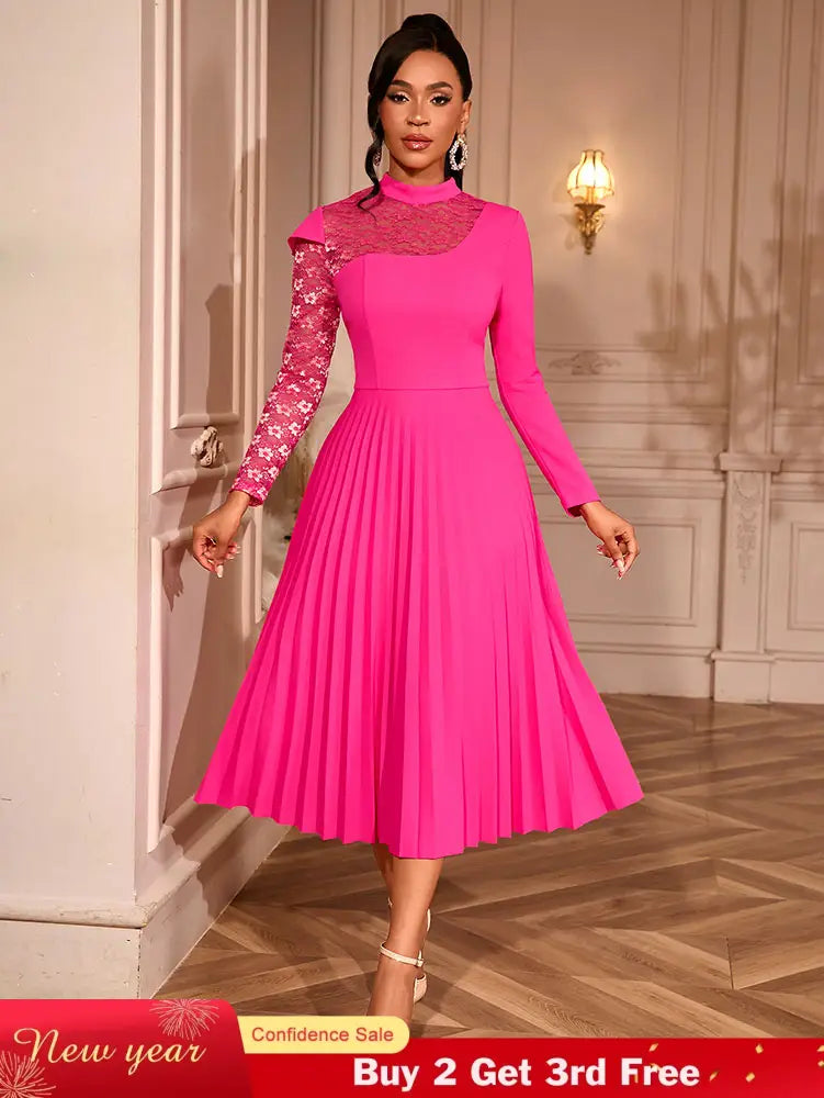 AOMEIDRESS Elegant A Line Pleated Dress Lace Long Sleeves Party Wear Rose / S
