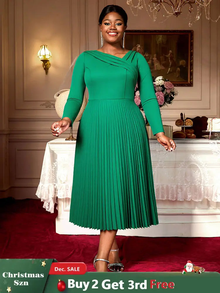 AOMEIDRESS Elegant A Line Pleated Dress Long Sleeve for Church Office Green / L