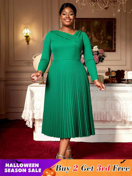 AOMEIDRESS Elegant A Line Pleated Dress Long Sleeve for Church Office Green / L