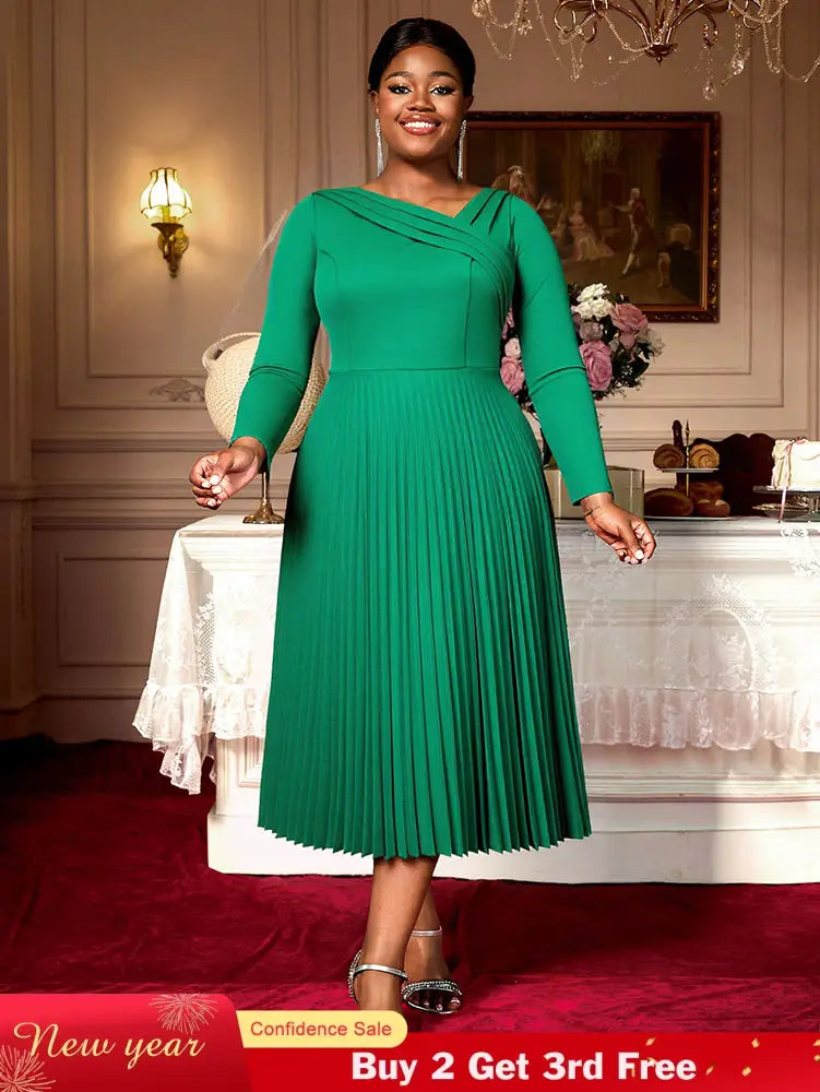 AOMEIDRESS Elegant A Line Pleated Dress Long Sleeve for Church Office Green / L