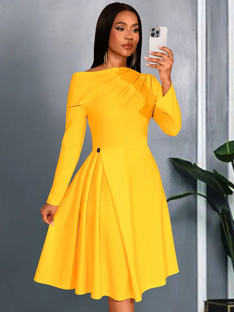 AOMEIDRESS Elegant A Line Pleated Dress Slash Neck Folds Party Gowns